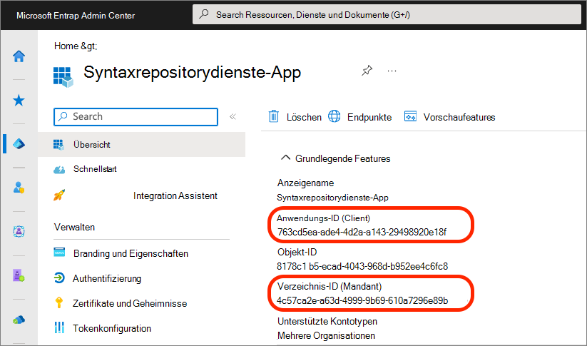 Screenshot der Anwendungs- und Mandanten-IDs der neuen App-Registrierung.