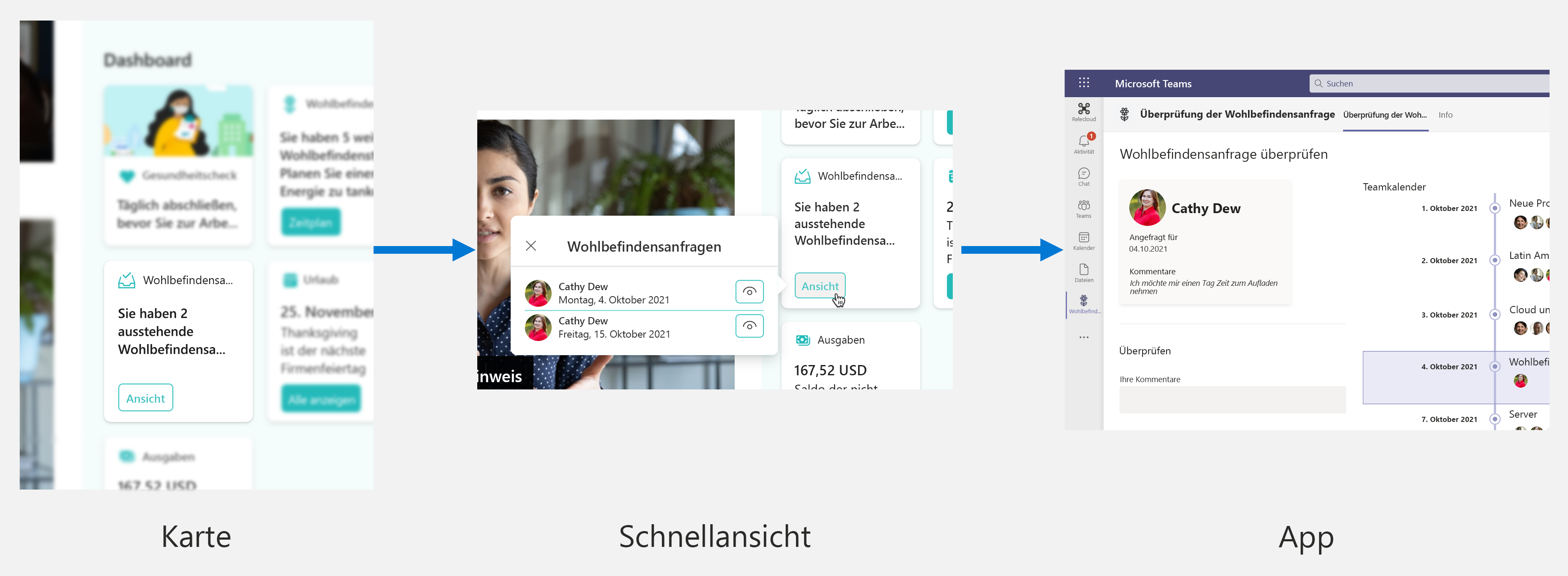 Benutzerflow bei Verwendung von Erweiterungen für adaptive Karten in Viva Connections Desktop.