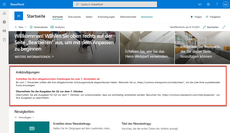 Screenshot eines benutzerdefinierten Webparts mit auf einer SharePoint-Seite hervorgehobenen Unternehmensankündigungen.