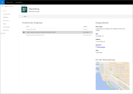 Screenshot verbundener Webparts, einschließlich einer Liste von Events und des Veranstaltungsorts des ausgewählten Events auf einer Karte.
