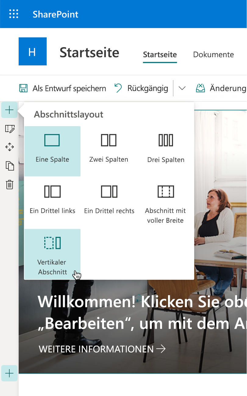 Screenshot der Schaltfläche zum Hinzufügen eines vertikalen Abschnitts in den Abschnittslayoutoptionen.