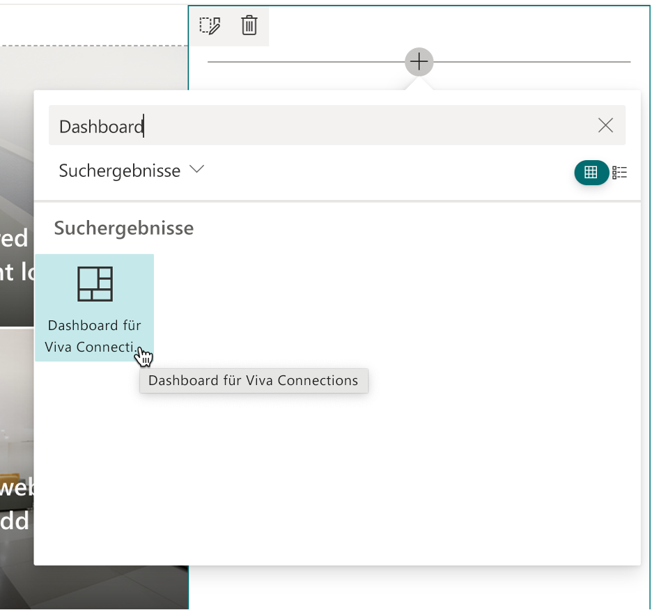 Screenshot: Dashboard für Viva Connections-Webpart in der Webpart-Toolbox