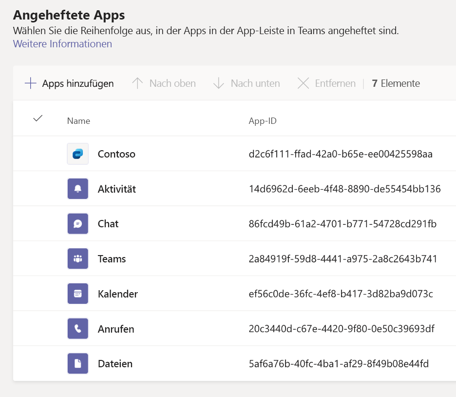 Screenshot, der die Viva Connections-Apps zeigt, die unter angehefteten Microsoft Teams-Apps aufgeführt sind.