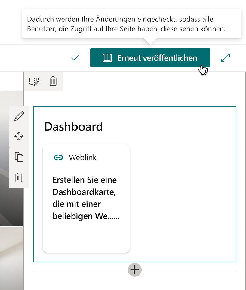 Screenshot der Schaltfläche „Erneut veröffentlichen“ auf der Symbolleiste der Seite.