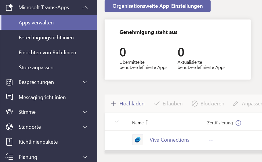 Screenshot der Viva Connections-App im Teams Admin Center-Bildschirm zum Verwalten von Apps.