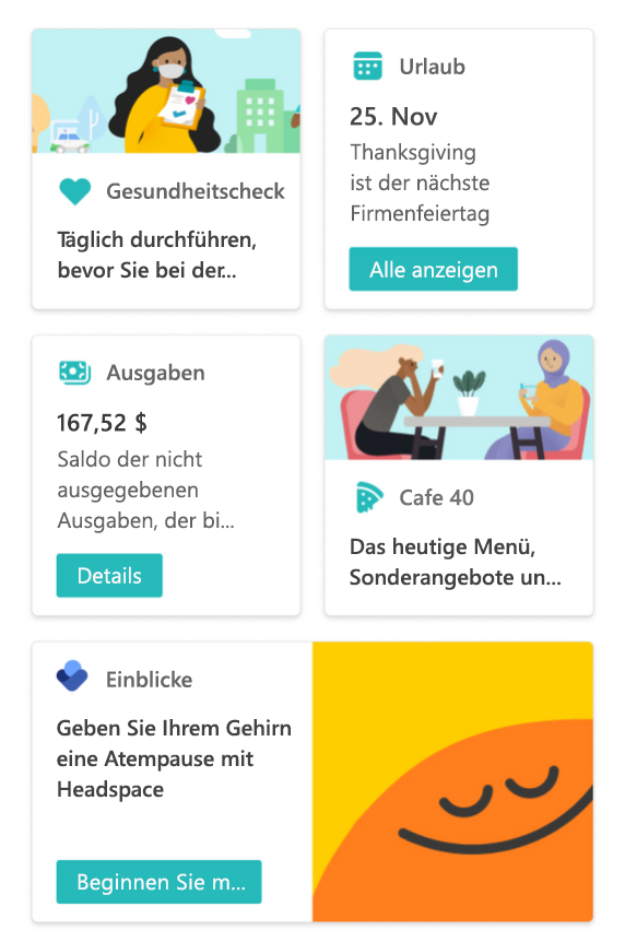 Screenshot von Beispielerweiterungen für adaptive Karten.