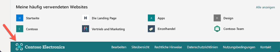 Screenshot einer Websitefußzeile, die über einen Application Customizer erstellt wurde.