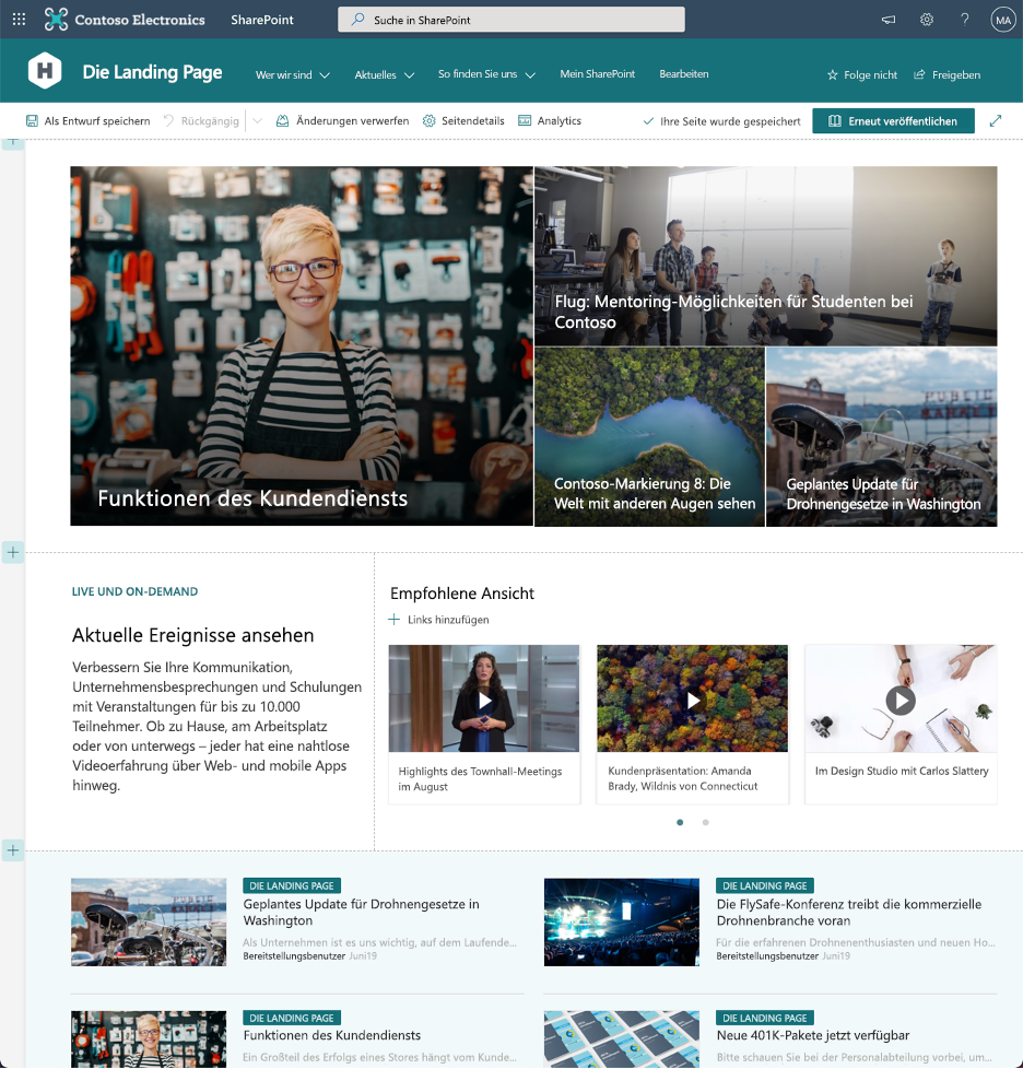 Screenshot einer modernen SharePoint-Seite im Bearbeitungsmodus mit verschiedenen Abschnitten und Webparts.