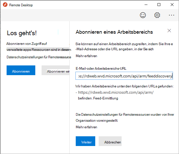 Screenshot des Formulars „Arbeitsbereich abonnieren“ mit der eingefügten URL