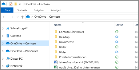 Dateien werden im Datei-Explorer im Ordner „OneDrive“ mit „OneDrive – Firmenname“ angezeigt.