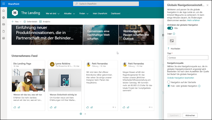 Screenshot zum Aktivieren der globalen Navigation der SharePoint-Startwebsite.