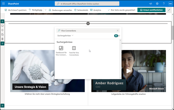 Screenshot: Hinzufügen von Viva Connections Webparts
