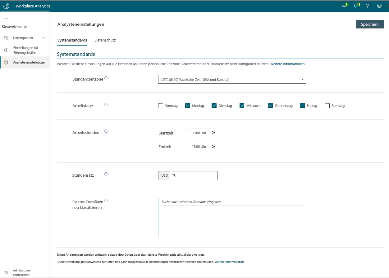 Ein Screenshot der Systemstandardwerte für Workplace Analytics.