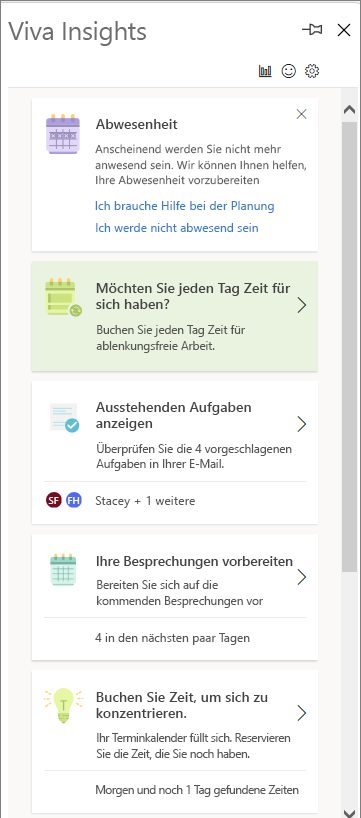 Screenshot mit einigen typischen Karten im Viva Insights-Bereich