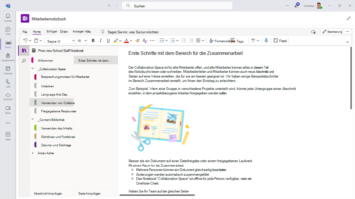 Screenshot des Bereichs für die Zusammenarbeit eines OneNote-Mitarbeiternotizbuchs in Microsoft Teams für Education.