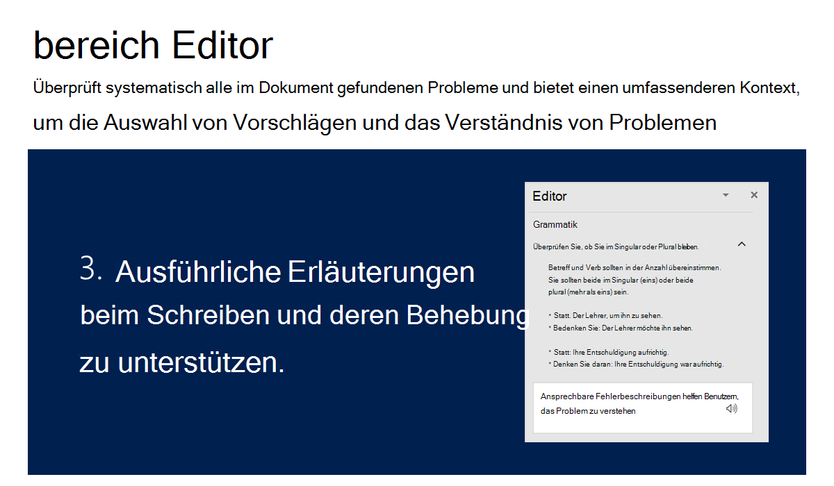 Abbildung, die darstellt, wie der Editorbereich detaillierte Erläuterungen zu Problemen beim Schreiben und deren Behebung anbietet.