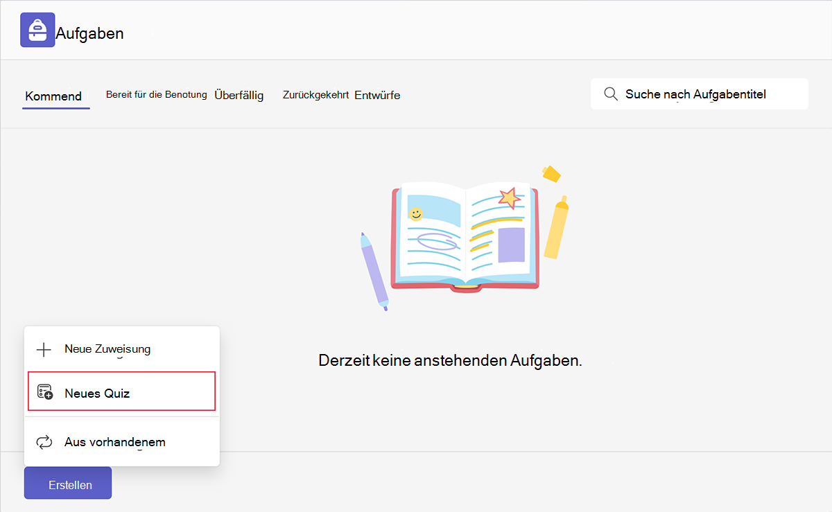 Screenshot der neuen Quizoption beim Erstellen einer neuen Aufgabe in Microsoft Teams für Education.