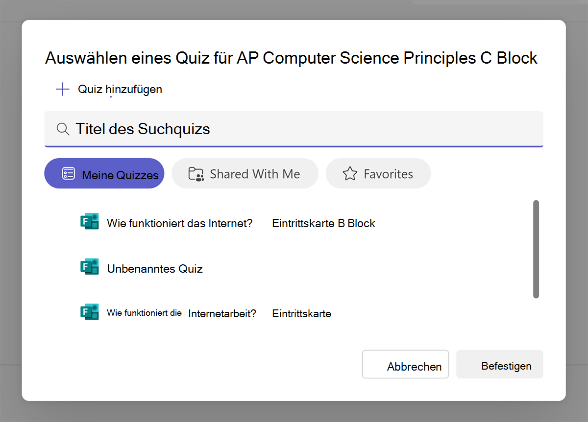 Screenshot der Option zum Auswählen eines vorhandenen Microsoft Forms Quiz beim Erstellen einer Aufgabe.