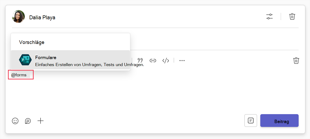 Screenshot des @forms-Features zum Einbetten eines Formulars in einen Kanalbeitrag in Microsoft Teams.
