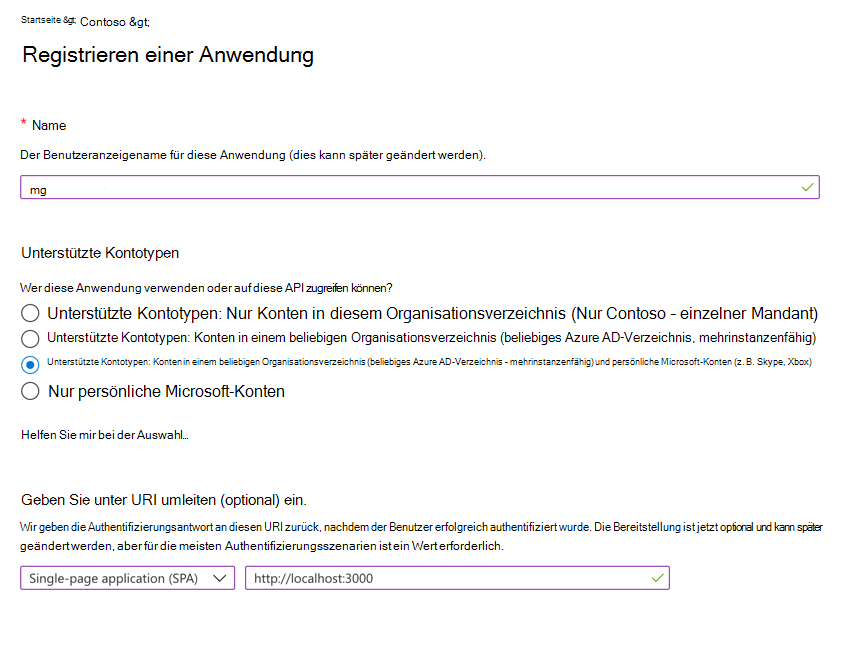 Screenshot: Registrieren Ihrer Anwendung in Microsoft Entra ID