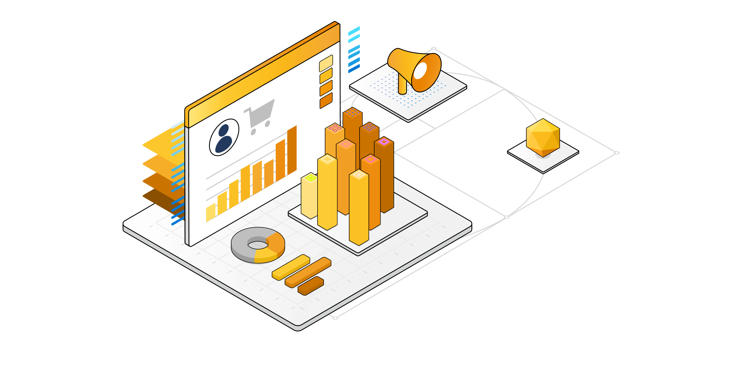 Eine isometrische Illustration technischer Komponenten für Commerce-Dienste.