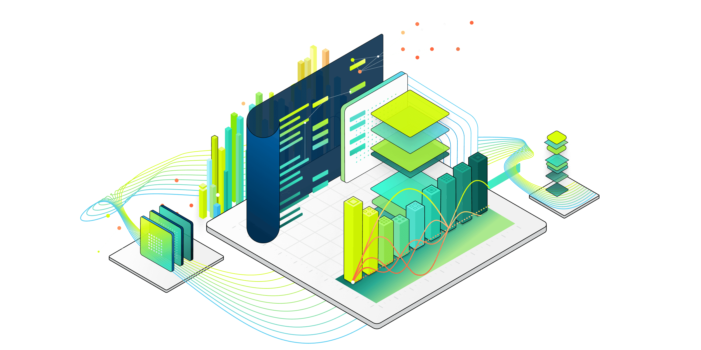 Eine isometrische Illustration technischer Komponenten für Fabric-Dienste.