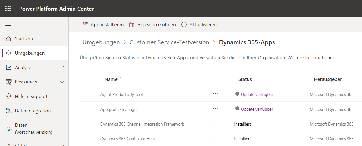 Screenshot der Umgebungsansicht mit den von Ihnen installierten Dynamics 365-Apps