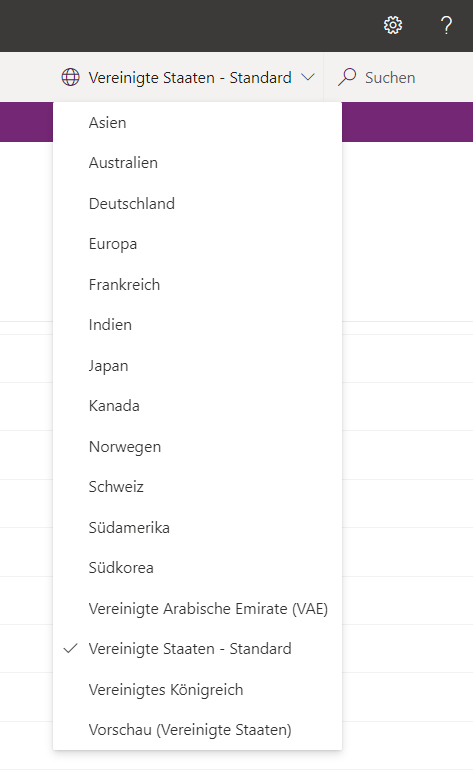 Screenshot der Regionsauswahl mit der Auswahl von USA – Standard.