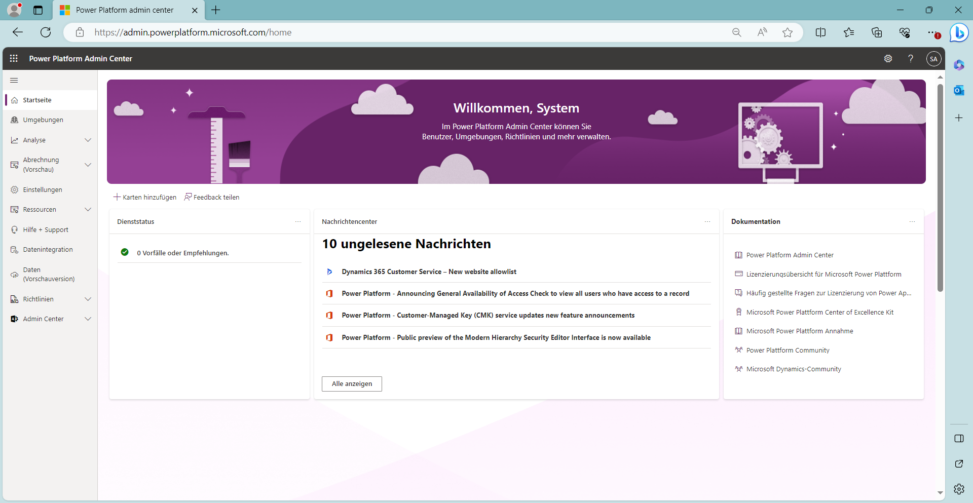 Startseite des Power Platform Admin Center.
