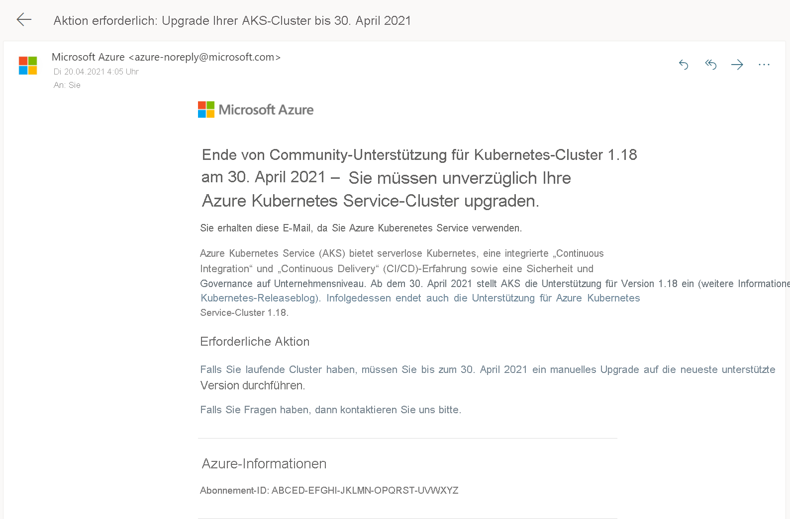 An image that shows an alert from Azure about Azure Kubernetes Service (AKS) clusters support for 1.18 going out of support. The email suggests that an immediate upgrade for AKS cluster is recommended.