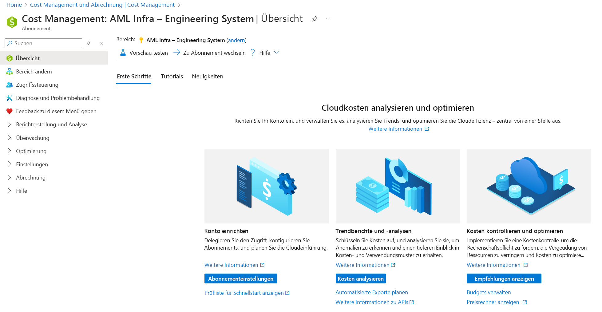 Screenshot: Übersichtsbereich „Kostenverwaltung“ über die Seitennavigation „Kostenverwaltung + Abrechnung“ im Azure-Portal