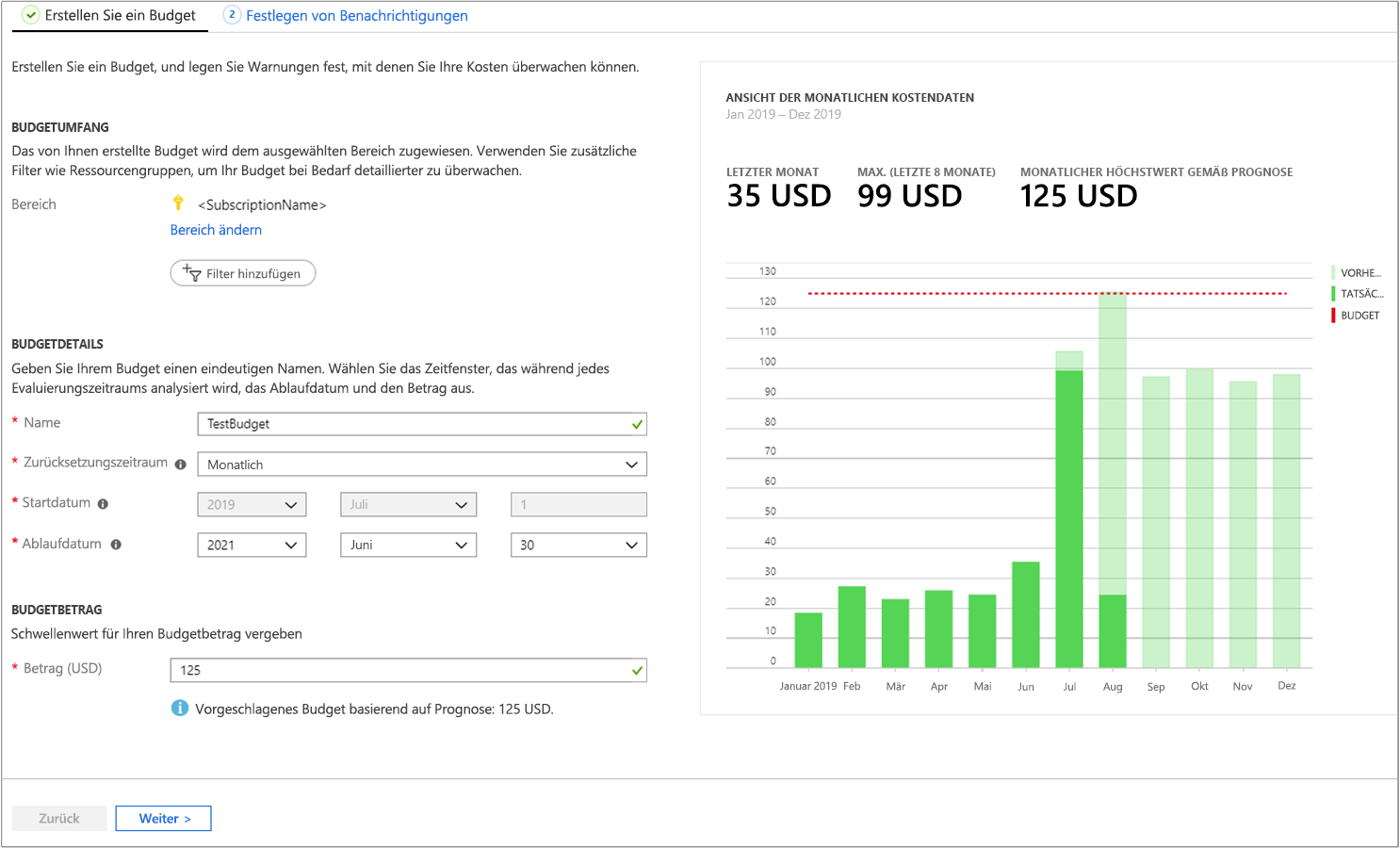 Screenshot: Erstellung eines Budgets mit monatlichen Kostendaten