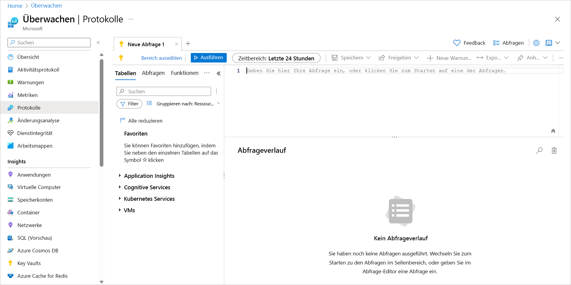 Screenshot von Azure Monitor mit einer neuen geöffneten Abfrageregisterkarte