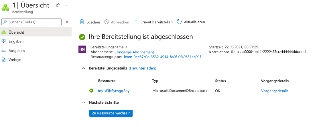 Screenshot der Azure-Portaloberfläche für die spezifische Bereitstellung, mit drei Azure Cosmos DB-Ressourcen aufgelistet.