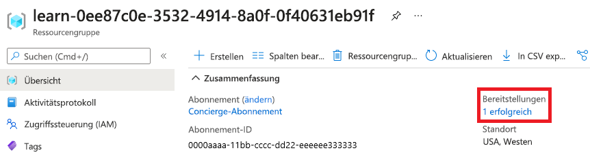 Screenshot des Azure-Portals mit der Übersicht über Ihre Ressourcengruppe. Im Abschnitt „Bereitstellungen“ wird angezeigt, dass eine Bereitstellung erfolgreich war.