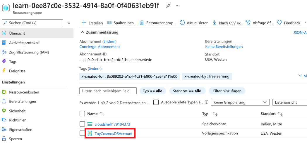 Screenshot der Azure-Portal-Oberfläche für die Ressourcengruppenübersicht mit in der Liste der Ressourcen enthaltener Vorlagenspezifikation.