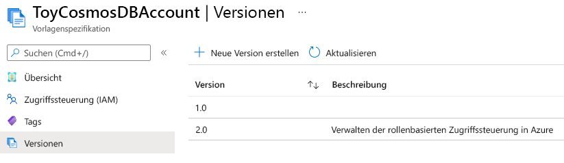 Screenshot of the Azure portal interface for the template spec, showing the list of versions as 1.0 and 2.0.