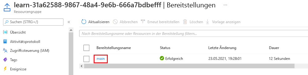 Screenshot des Azure-Portals für die jeweilige Bereitstellung ohne aufgeführte Ressourcen.