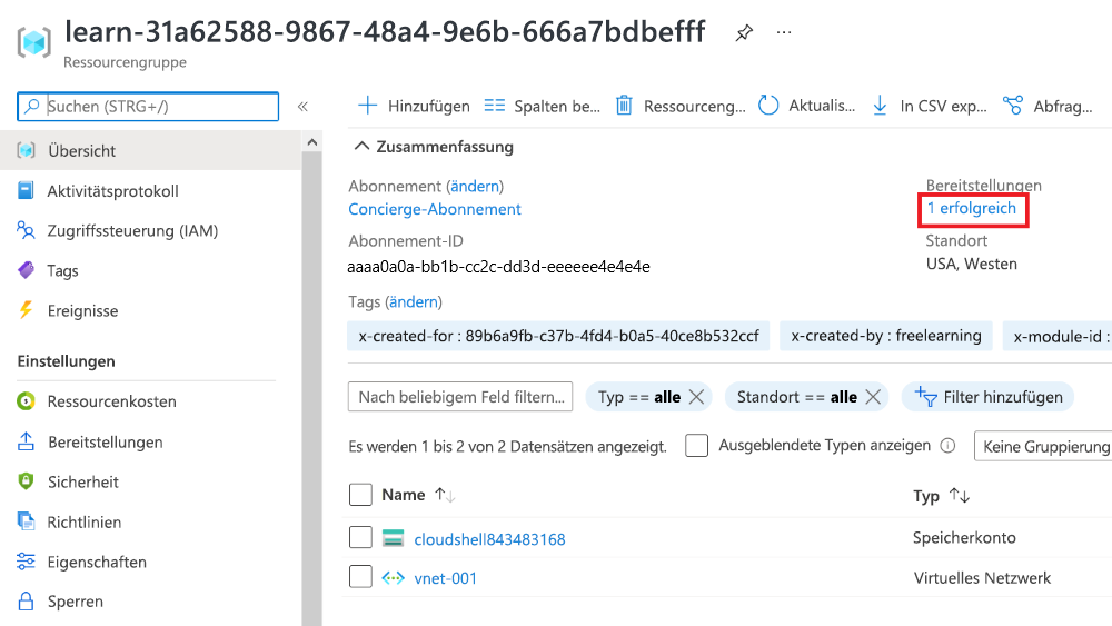 Screenshot des Azure-Portals für Bereitstellungen mit einer Bereitstellung mit dem Status „Erfolgreich“