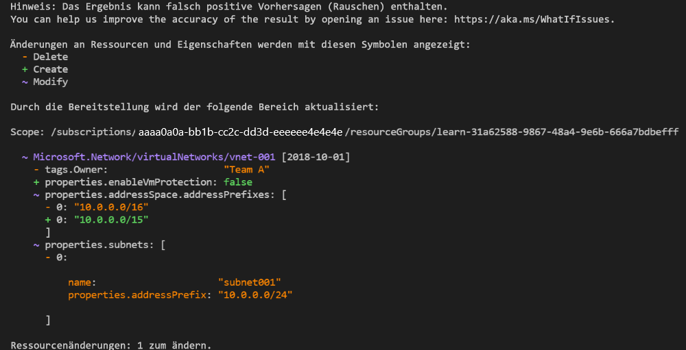 Screenshot der Azure CLI mit der Ausgabe des Was-wäre-wenn-Vorgangs.
