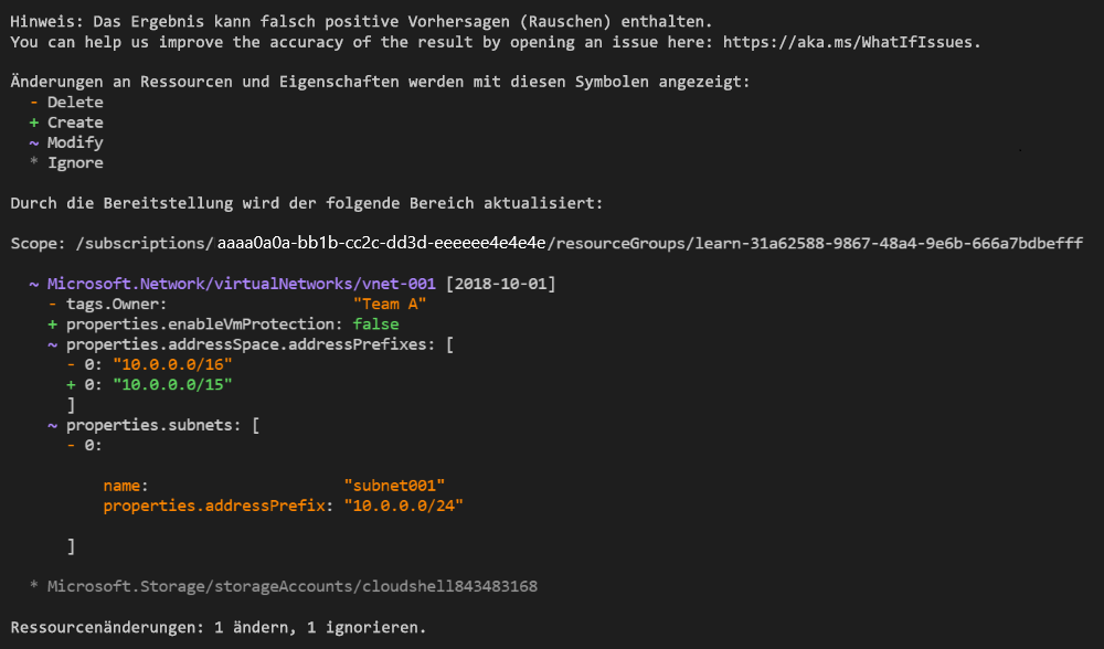 Screenshot von Azure PowerShell mit der Ausgabe des Was-wäre-wenn-Vorgangs.