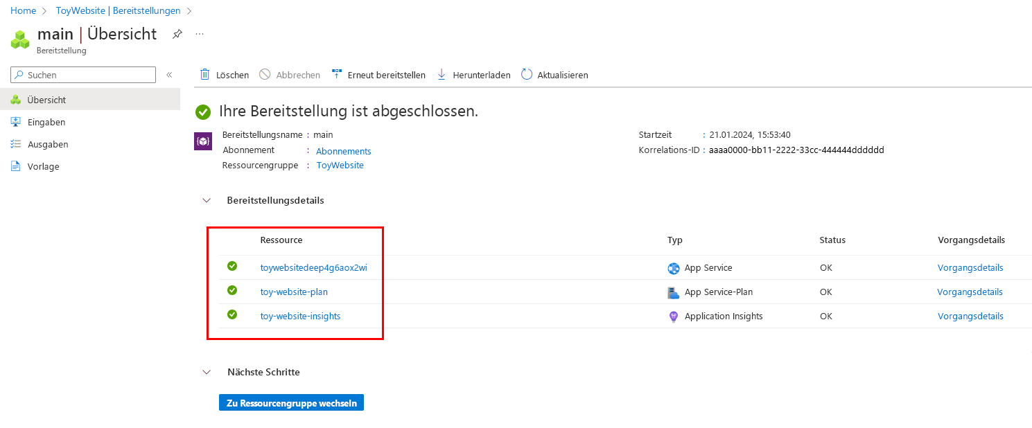 Screenshot of the Azure portal deployments overview pane for the main deployment, with an App Service plan and app, and an Application Insights instance listed.