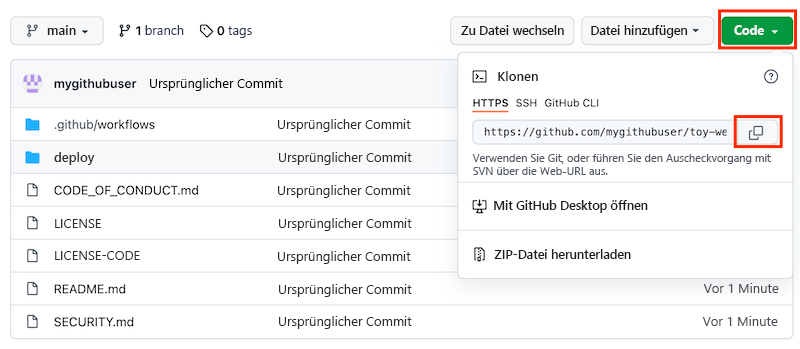 Screenshot der GitHub-Benutzeroberfläche mit dem neuen Repository und hervorgehobener Schaltfläche zum Kopieren der Repository-URL