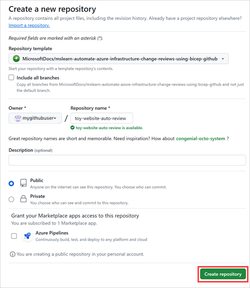 Screenshot: GitHub-Benutzeroberfläche mit der Seite zur Repositoryerstellung