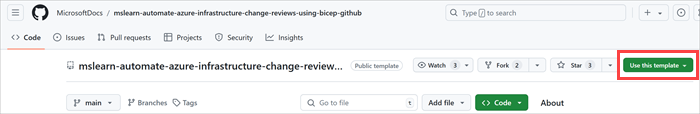 Screenshot der GitHub-Benutzeroberfläche mit dem Vorlagenrepository und hervorgehobener Schaltfläche „Use this template“ (Diese Vorlage verwenden)