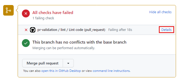 Screenshot von GitHub: Fehlgeschlagene Statusprüfung auf der Detailseite zum Pull Request