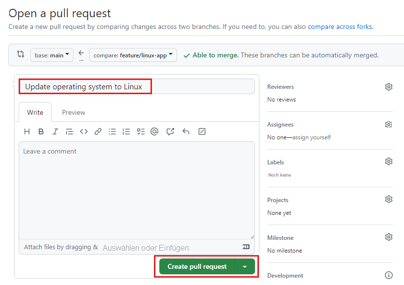 Screenshot von GitHub: Bereich zum Öffnen eines Pull Requests mit Schaltfläche „Pull Request öffnen“