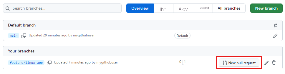 Screenshot von GitHub: Link zum Erstellen eines Pull Requests für den Branch „feature/linux-app“