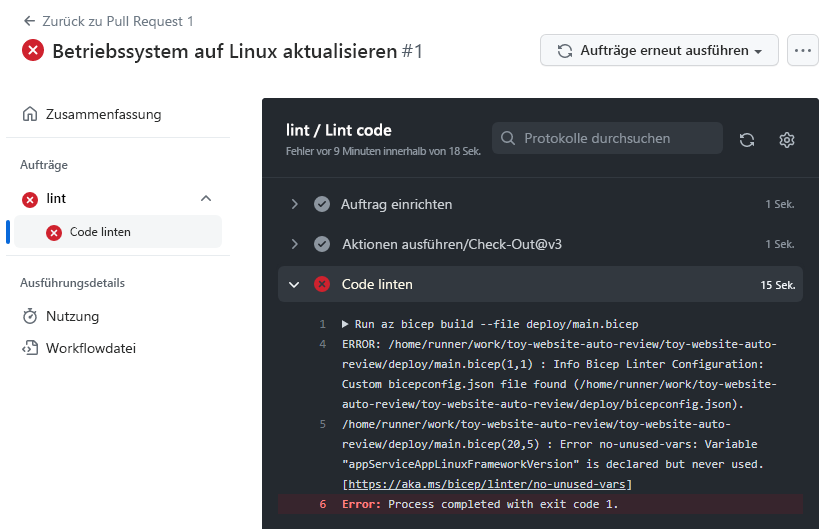 Screenshot von GitHub: Workflowprotokoll einschließlich Überprüfungsfehler