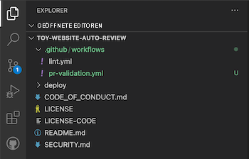 Screenshot von Visual Studio Code mit der Datei „pr-validation.yml“ im Ordner „workflows“.